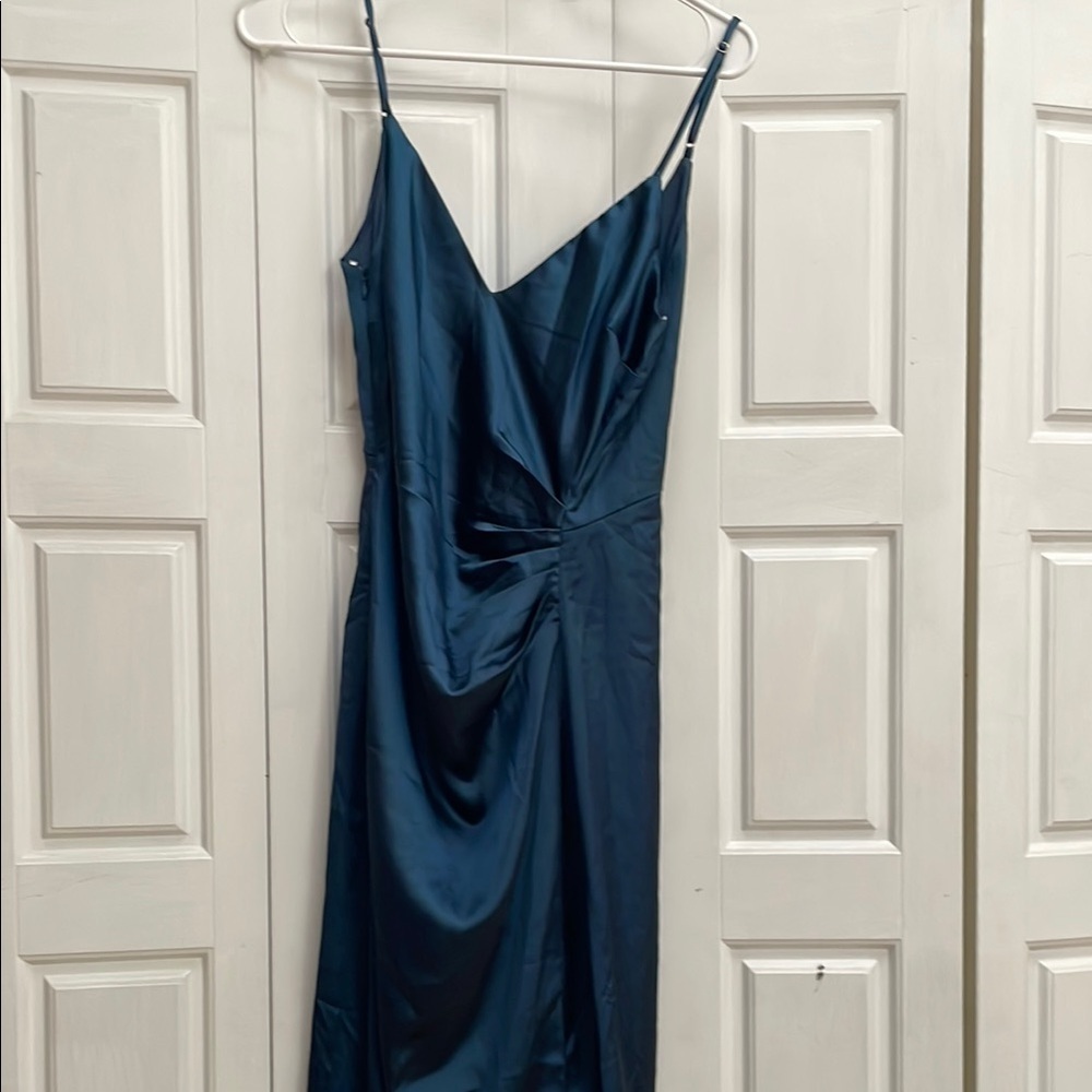 Lulu's Blue Slip Dress with Spaghetti Straps and Slit for Cocktail